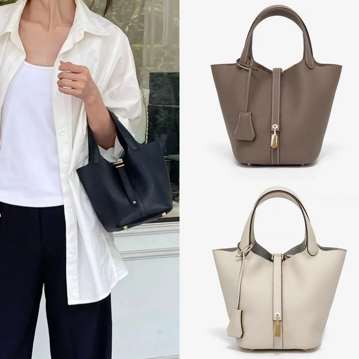 Sac Seau PU Style Panier — Sac À Main Femme Tendance Avec Pochette Intérieure