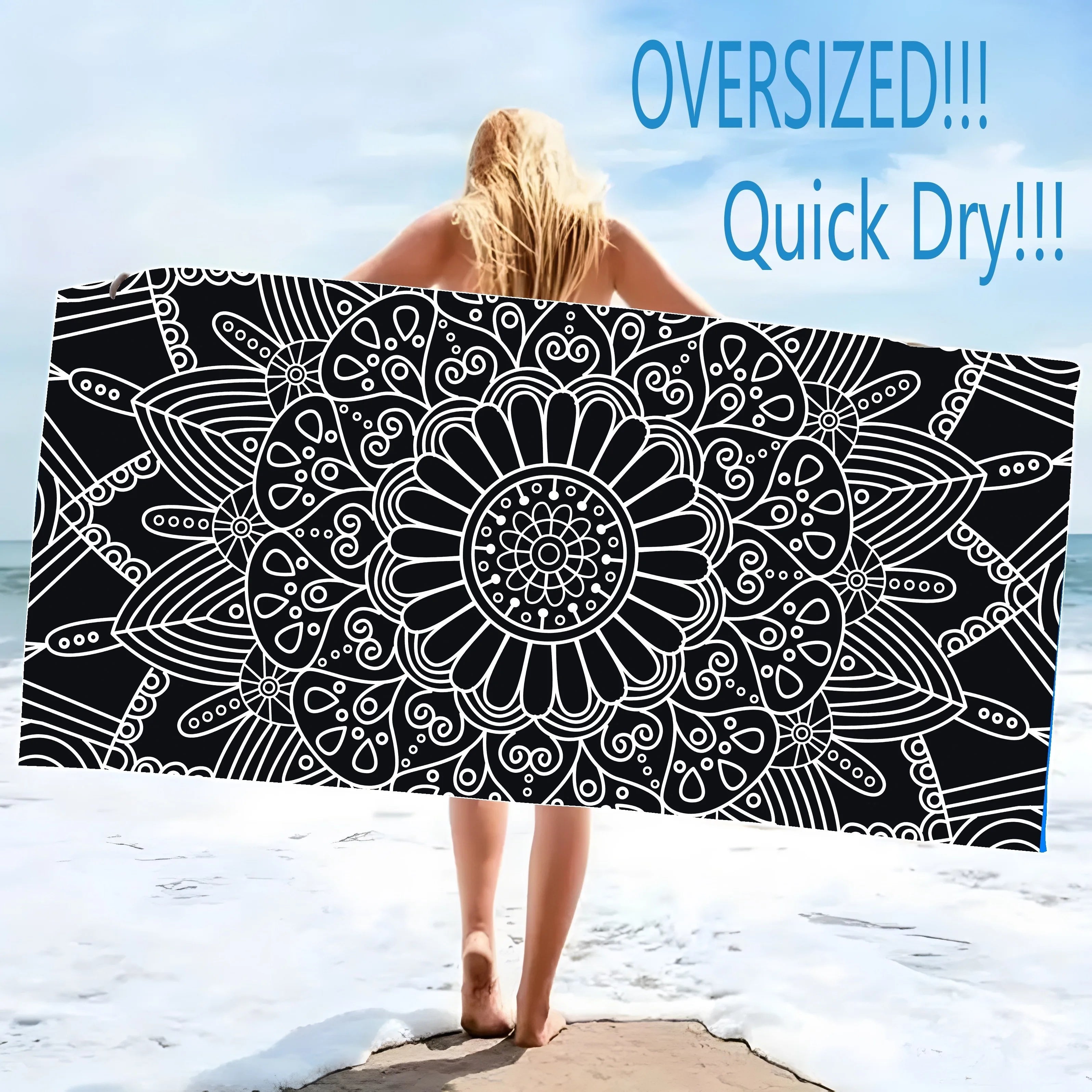 Serviette de Plage Mandala Noir & Blanc — Séchage Rapide, Style Bohème Chic