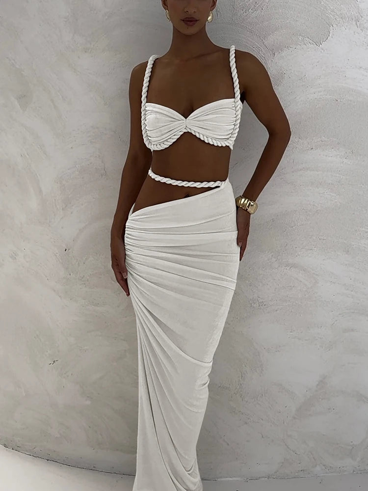 Ensemble 2 Pièces Femme — Crop Top Bretelles Plissé + Jupe Longue Taille Haute Style Vacances
