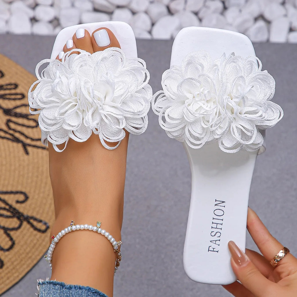 Mules Fleurs Bout Carré Femme – Sandales Plates Confortables Grande Taille