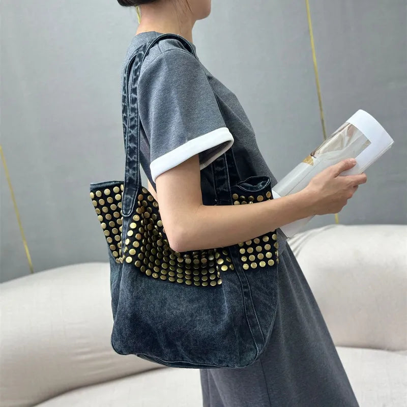 Sac Tote Denim Rivets Punk Grande Capacité — Sac À Main Femme Casual
