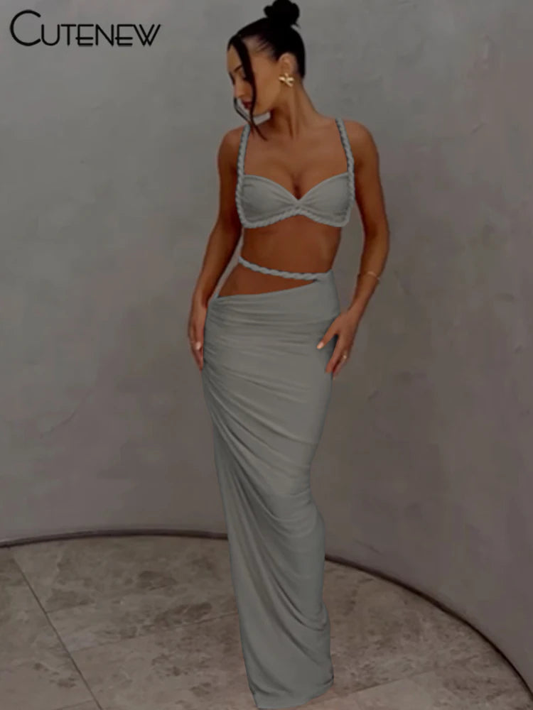 Ensemble 2 Pièces Femme — Crop Top Bretelles Plissé + Jupe Longue Taille Haute Style Vacances