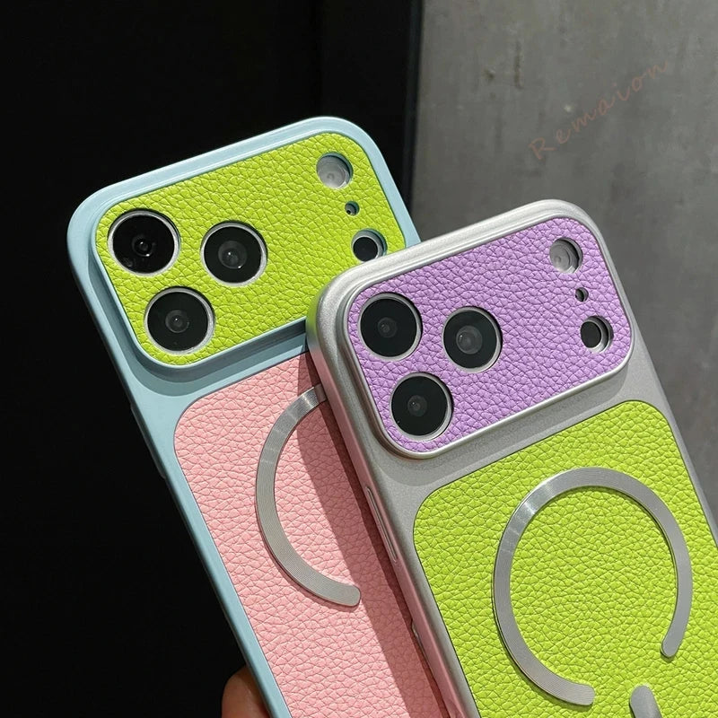 Coque Magnétique en Cuir pour iPhone — Compatible MagSafe, Toutes Séries (11 à 17 Pro Max)