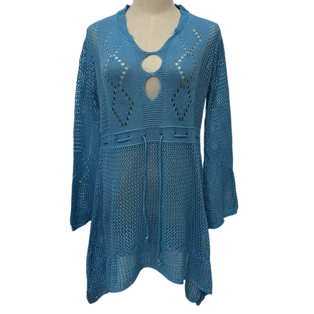 Chemise Cover-Up Plage Tricot Ajourné Col V — Protection Solaire Casual Femme