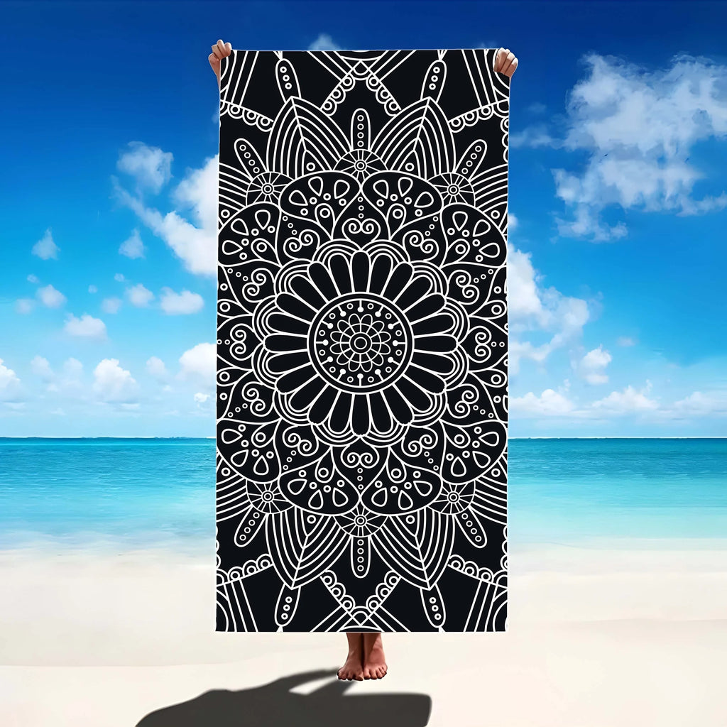 Serviette de Plage Mandala Noir & Blanc — Séchage Rapide, Style Bohème Chic