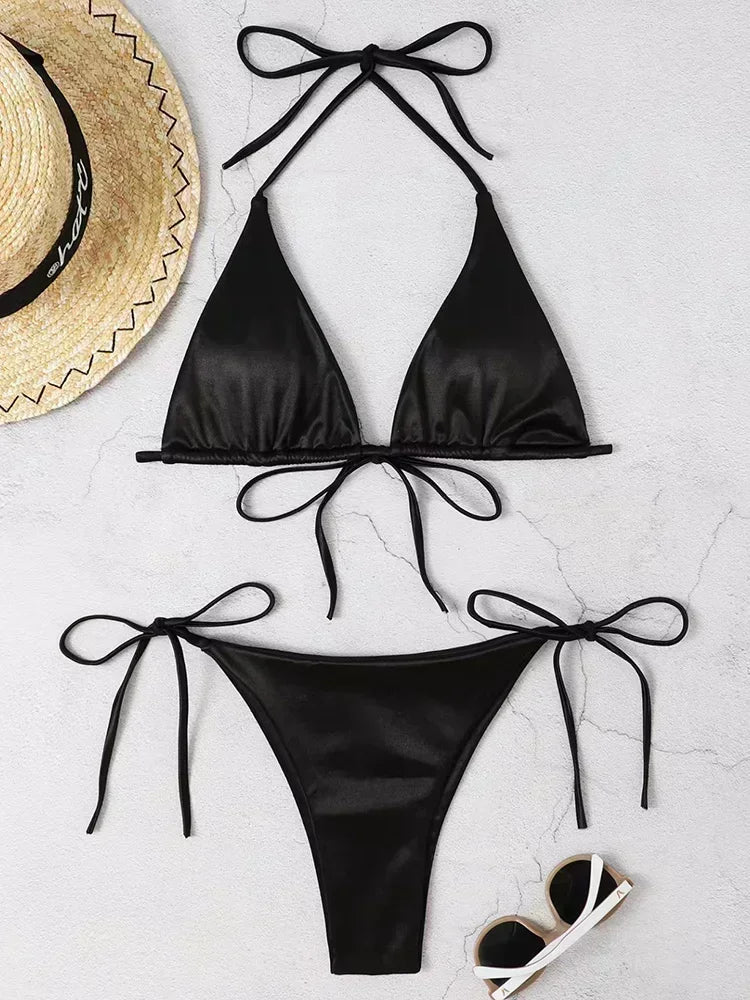Bikini Satin Métallisé Halter — Deux Pièces Femme