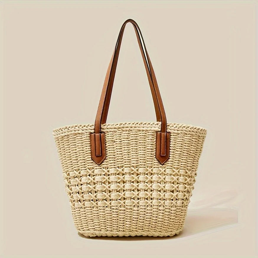 Grand Tote Bag en Paille Tressée — Sac Cabas Femme Grande Capacité Plage & Quotidien