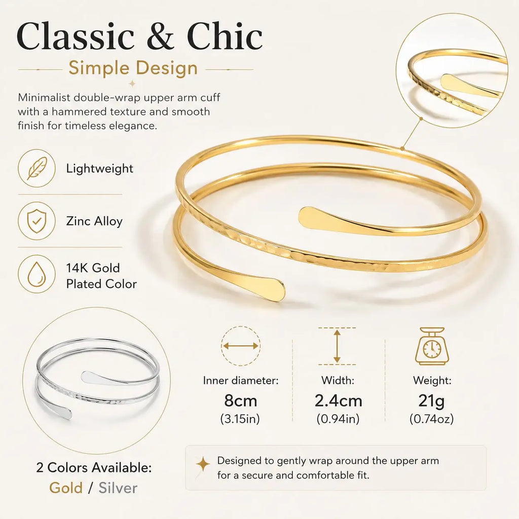 Bracelet Bras Ouvert Plaqué Or Ajustable — Bijou Arm Cuff Femme Soirée