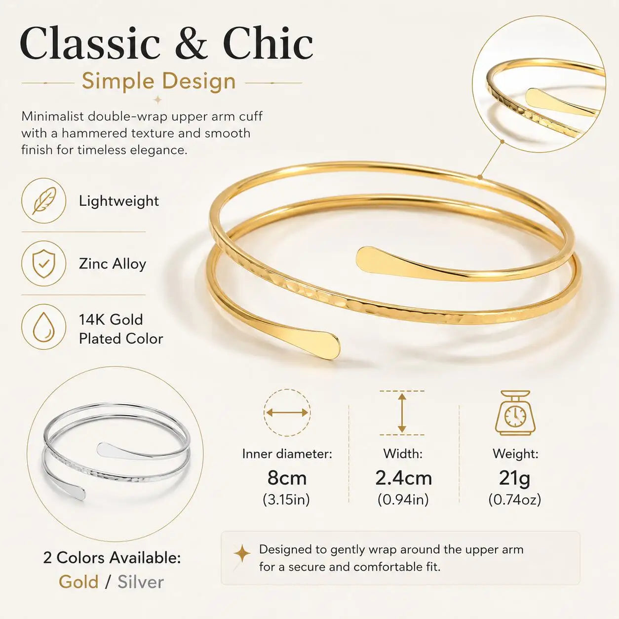 Bracelet Bras Ouvert Plaqué Or Ajustable — Bijou Arm Cuff Femme Soirée