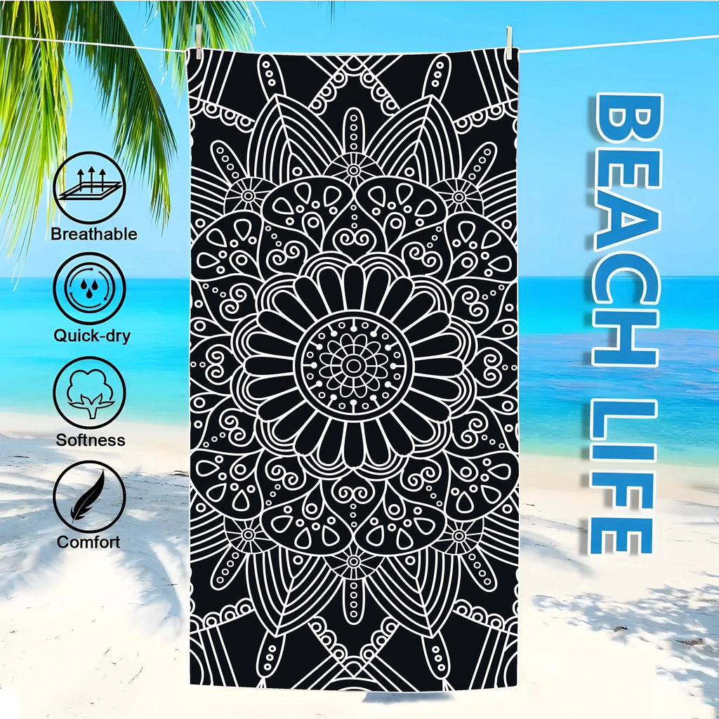 Serviette de Plage Mandala Noir & Blanc — Séchage Rapide, Style Bohème Chic