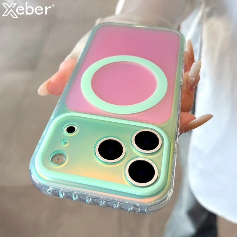 Coque Aurora Laser Gradient MagSafe — iPhone 15 à 17 Pro Max, Candy Color, Chargement Sans Fil