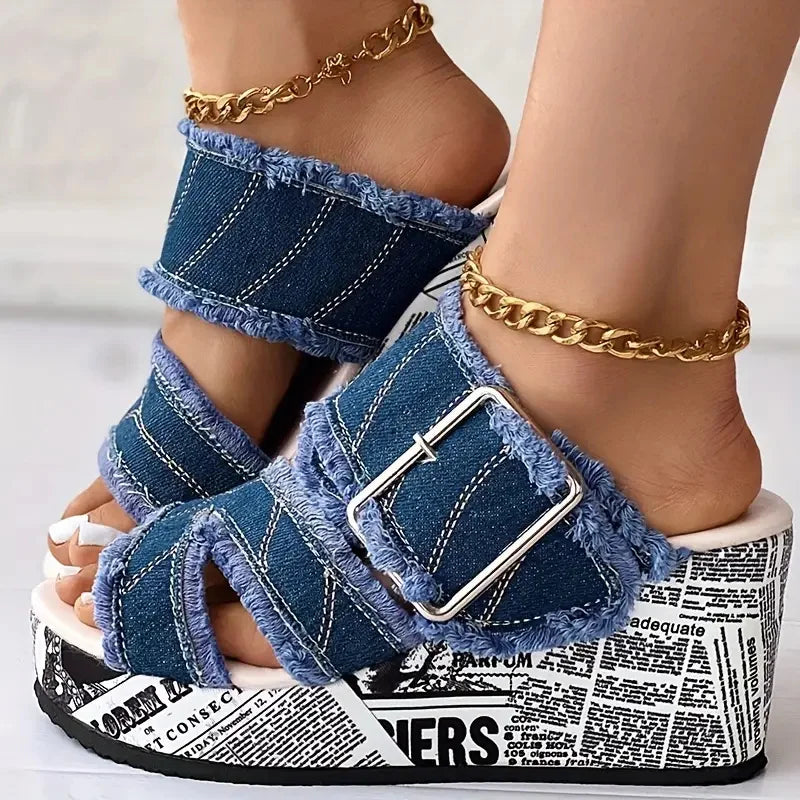 Sandales Denim Plateforme Compensées Boucle Femme — Style Casual Vacances Été 2026