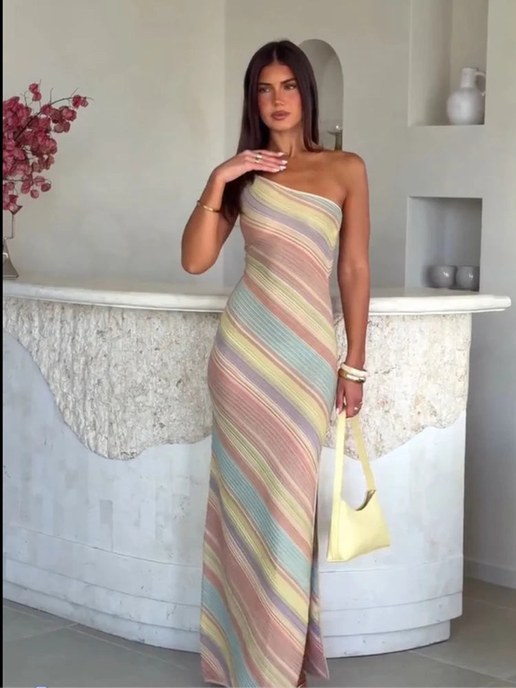 Robe Longue Tricotée Color Block Épaule Dénudée — Robe Corset Fente Femme