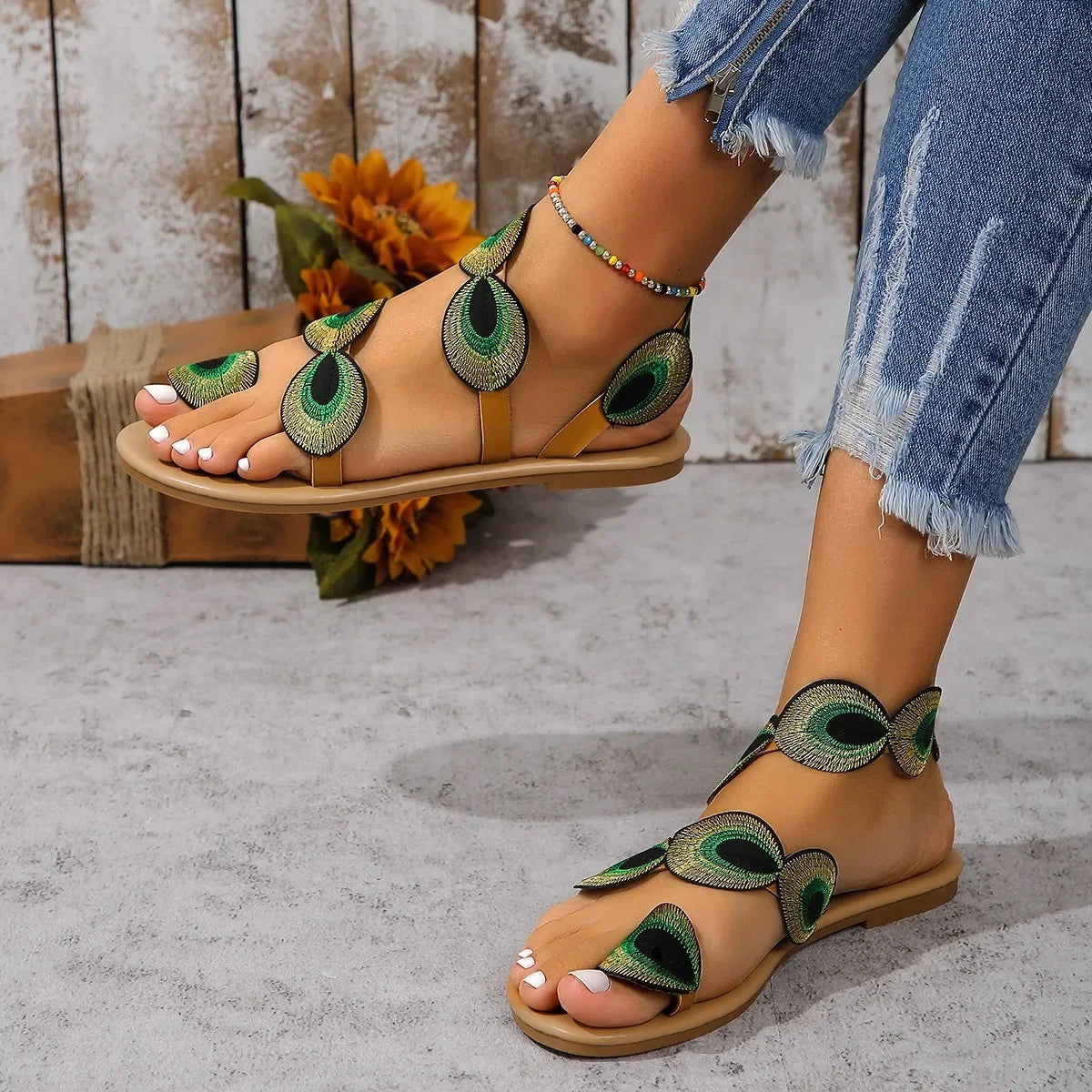 Sandales Plates Gladiator Broderie Fleurs Femme — Style Classique Été Plage
