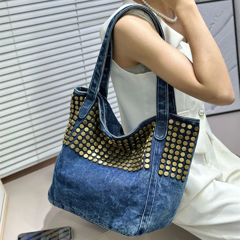 Sac Tote Denim Rivets Punk Grande Capacité — Sac À Main Femme Casual