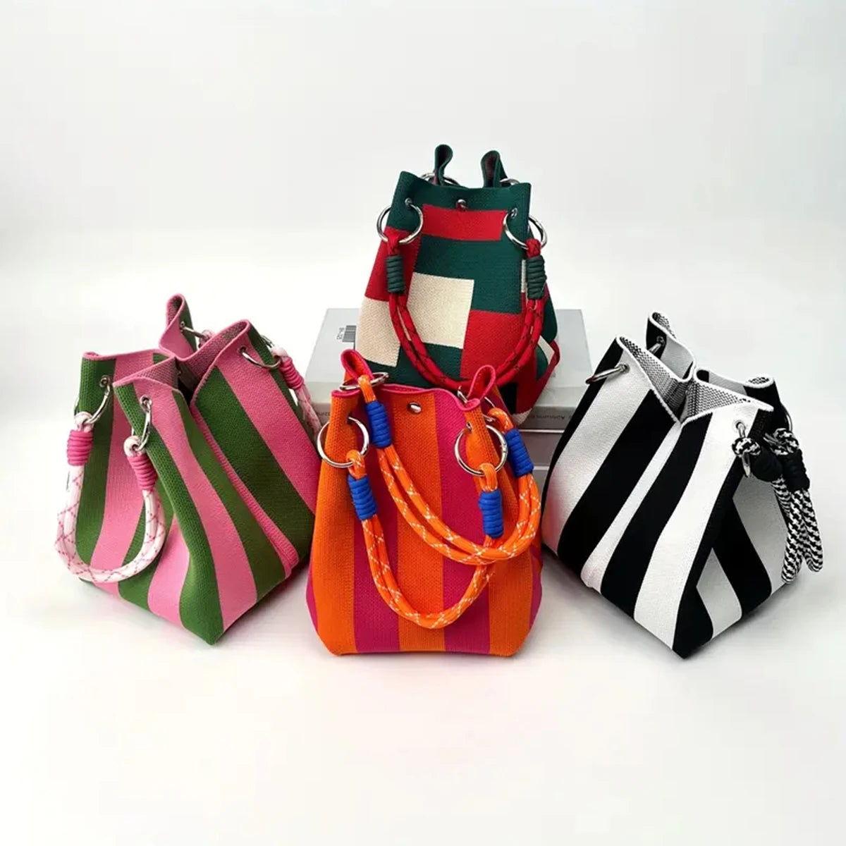 Sac Seau Tricoté Color Block Rétro Multicolore — Sac À Main Femme Tendance