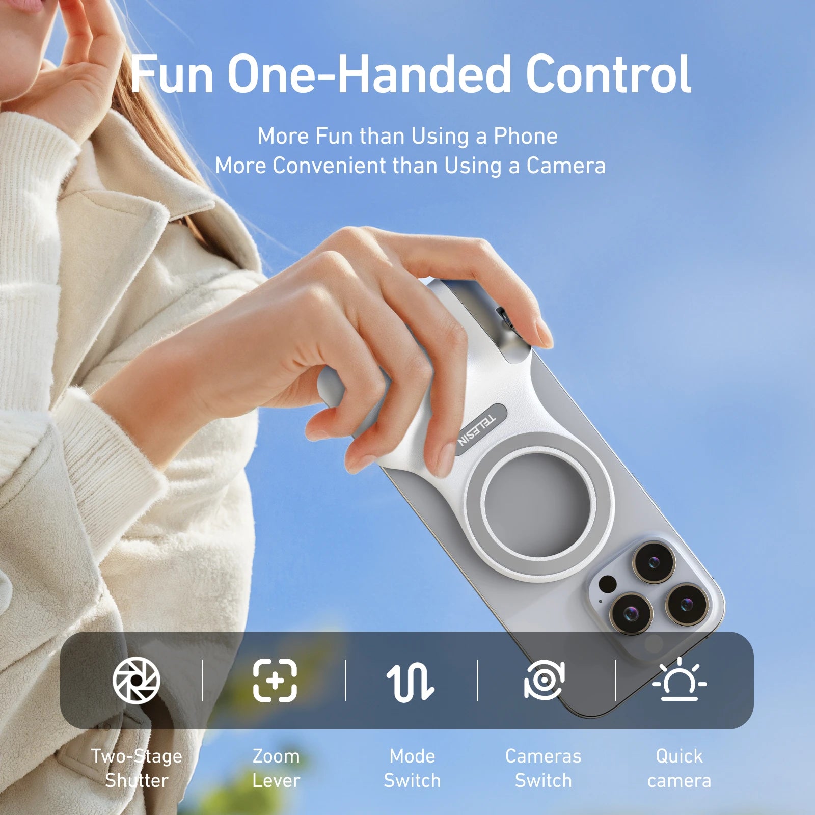 TELESIN Poignée Magnétique pour Smartphone — Grip Photo Bluetooth, Lumière de Remplissage, Télécommande
