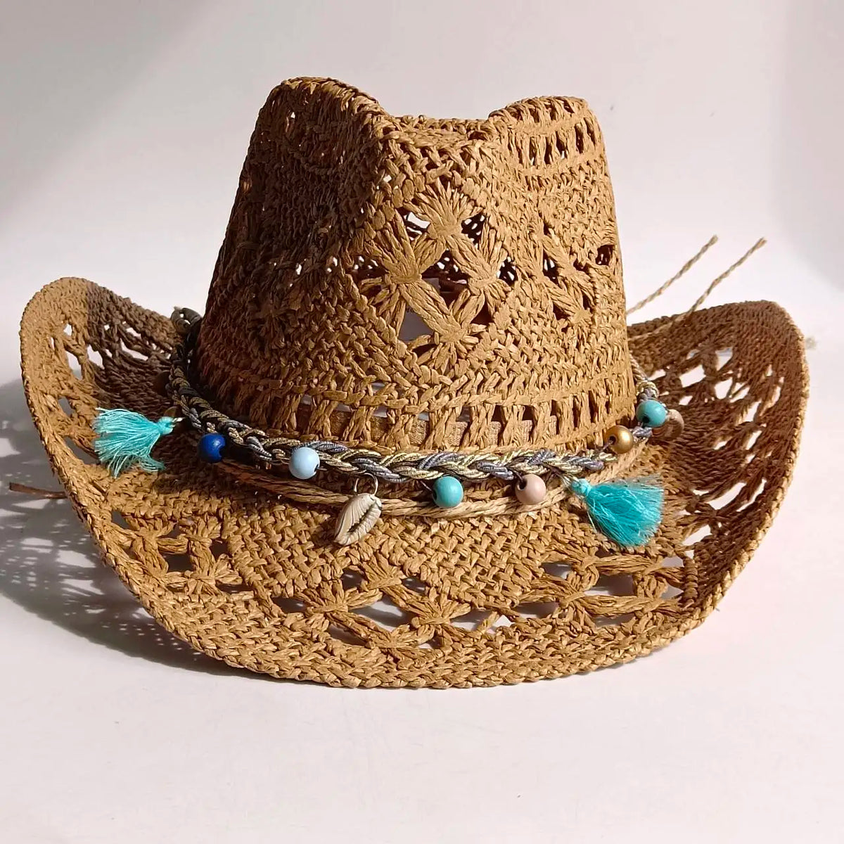 Chapeau de Cowboy Tendance Ajouré — Fait Main en Paille, Style Boho Plage Unisexe