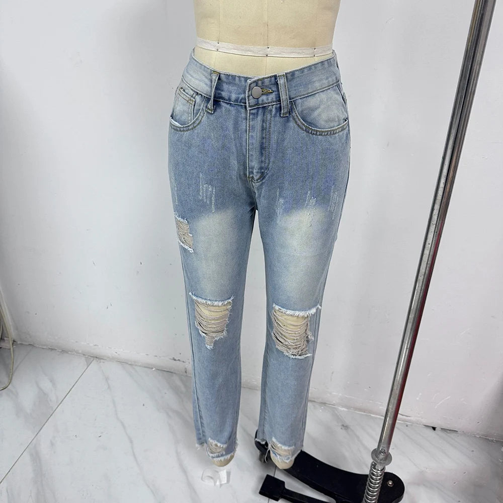Jean Slim Destroyé Femme Taille Haute – Coupe Droite Bureau & Casual