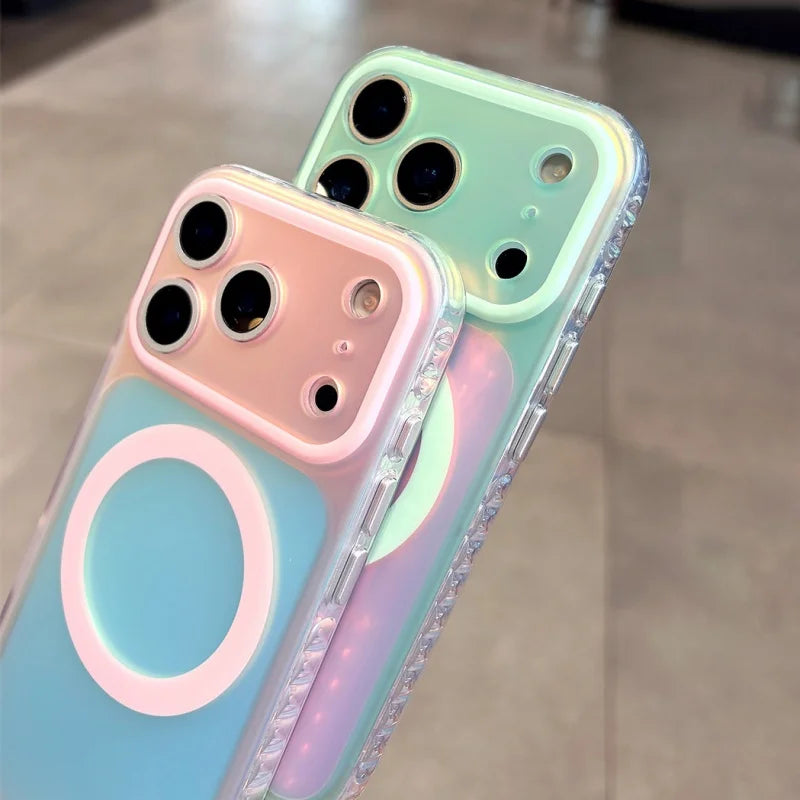 Coque Aurora Laser Gradient MagSafe — iPhone 15 à 17 Pro Max, Candy Color, Chargement Sans Fil