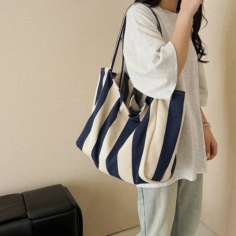Grand Tote Bag Rayé Style Coréen — Sac Cabas Canvas Grande Capacité Femme