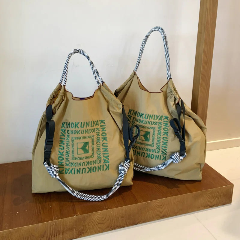 Sac Épaule Nylon Brodé Pliable — Tote Bag Femme Léger & Multifonction