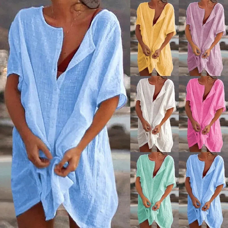 Chemise de Plage Coton Lin Longue — Blouse Cover-Up Casual Femme