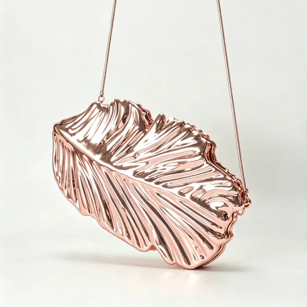 Pochette Soirée Luxe Feuilles Dorées — Clutch Acrylique Rigide Chaîne Femme