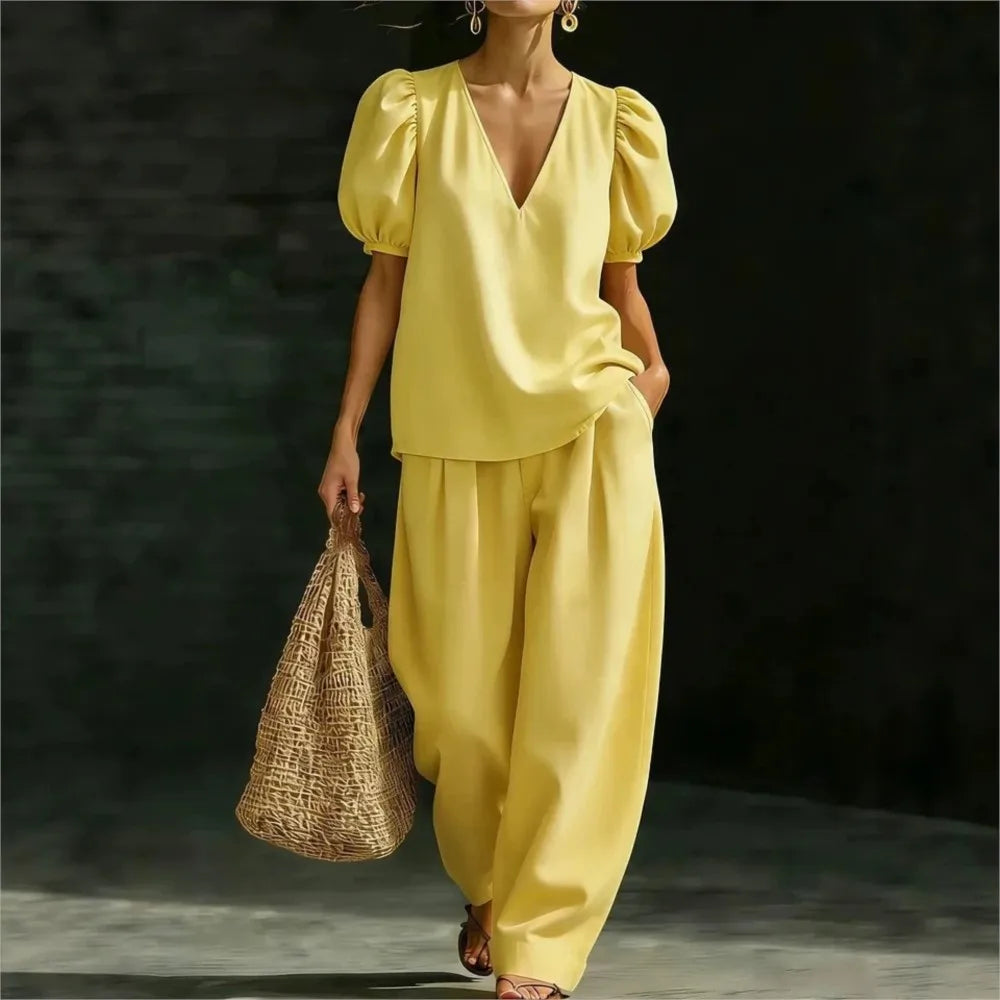 Ensemble 2 Pièces Femme — Top Col V Manches Bouffantes + Pantalon Large Taille Haute Poches