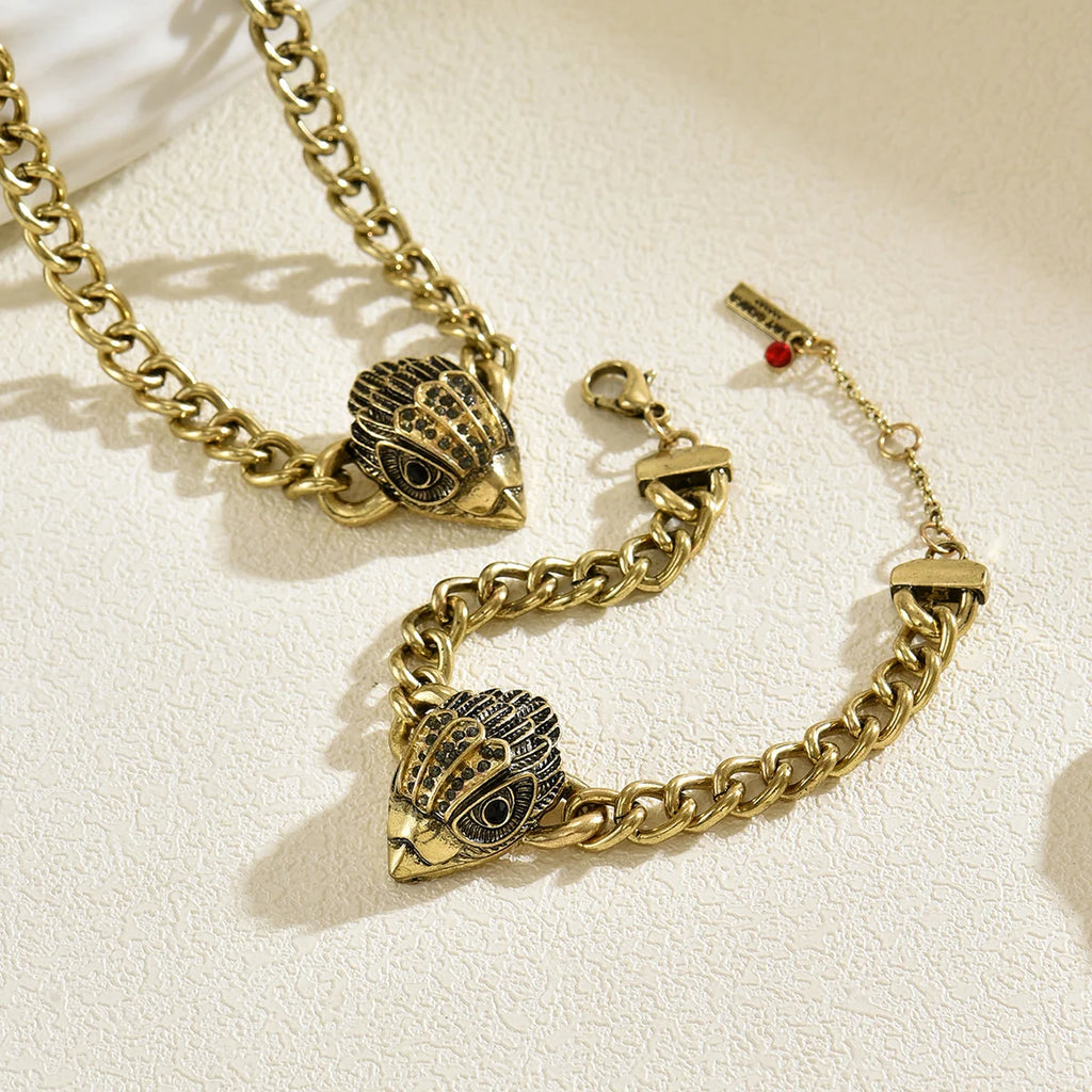 Ensemble Bijoux Punk 2 Pièces — Collier + Bracelet Chaîne Gourmette Tête d’Aigle Or Antique, Femme