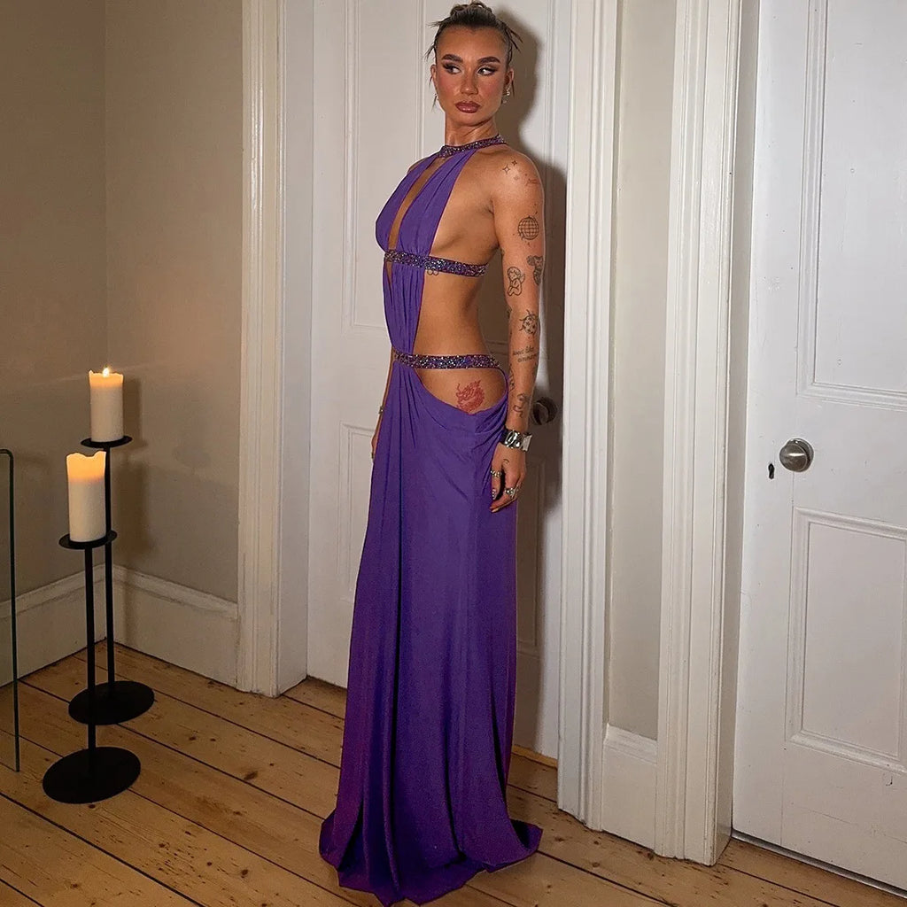 Robe Maxi Halter Dos Nu — Robe Longue Soirée Femme Verte & Violette