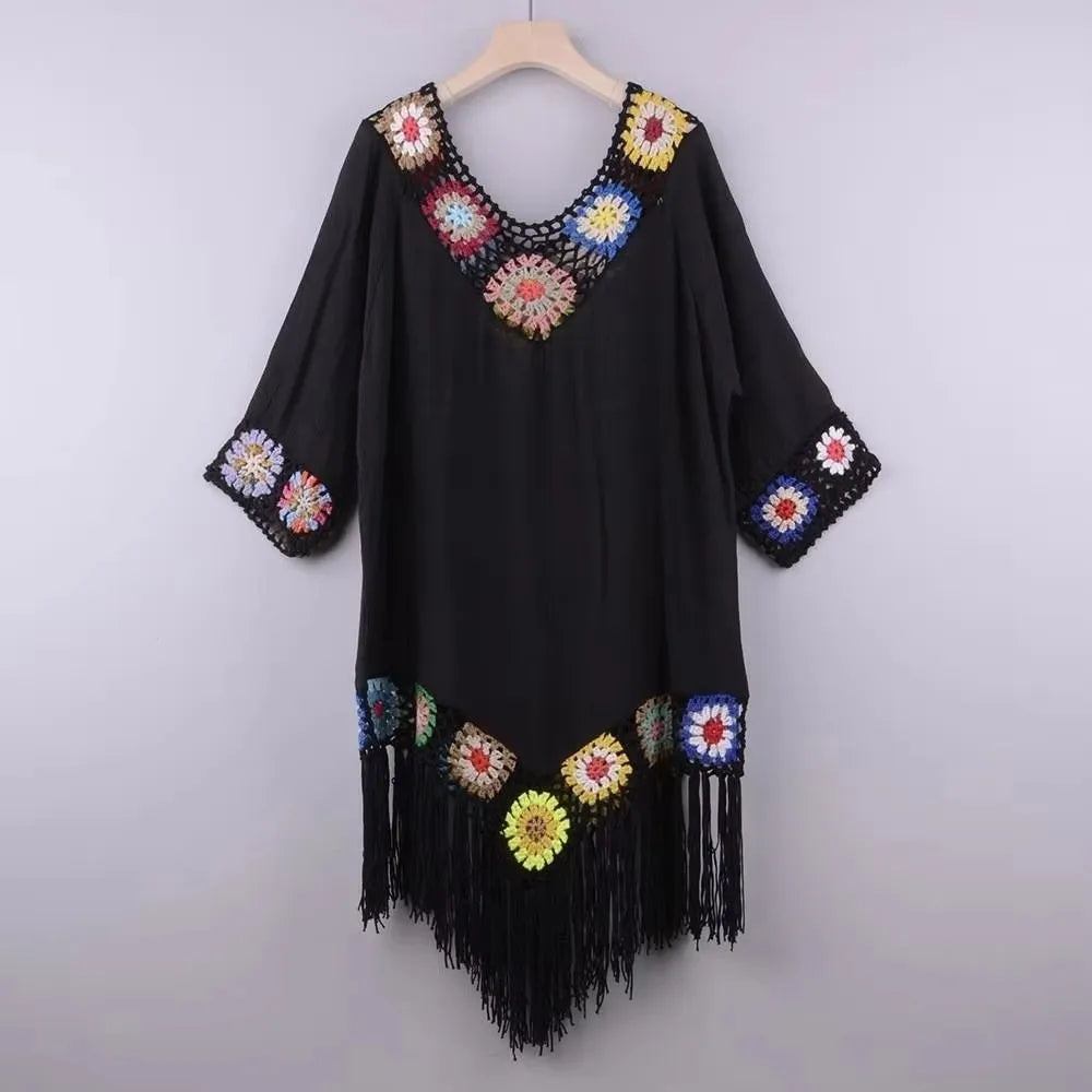 Robe Cover-Up Plage à Franges Crochet Ajourné — Col V Casual Femme