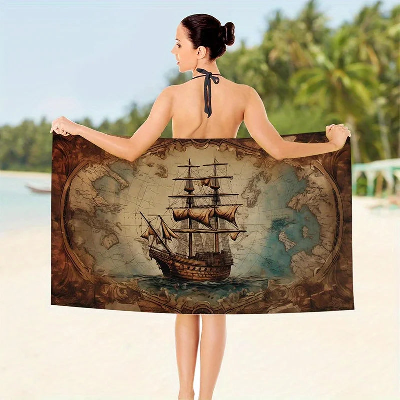 Serviette de Plage Carte Vintage et Bateau — Séchage Rapide, Anti-Sable