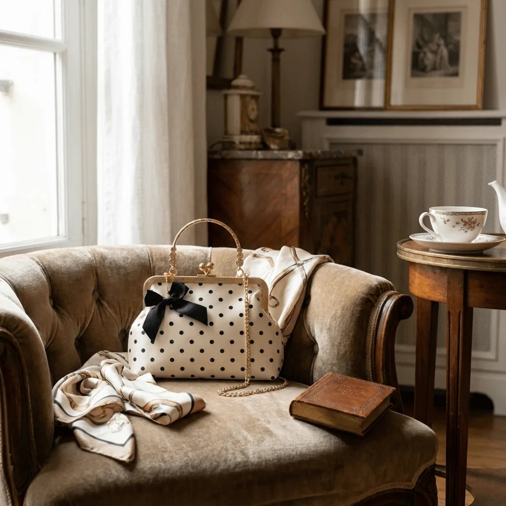 Pochette À Pois Kiss Lock — Sac Soirée Anse Métal Nœud Femme Élégante