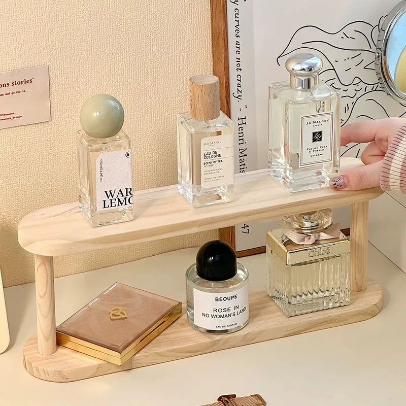 Étagère Bois 2 Niveaux Bureau — Rangement Cosmétiques Parfums Coiffeuse