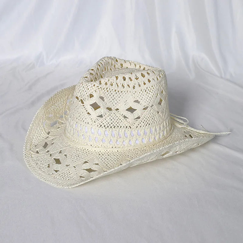 Chapeau de Cowboy Tendance Ajouré — Fait Main en Paille, Style Boho Plage Unisexe