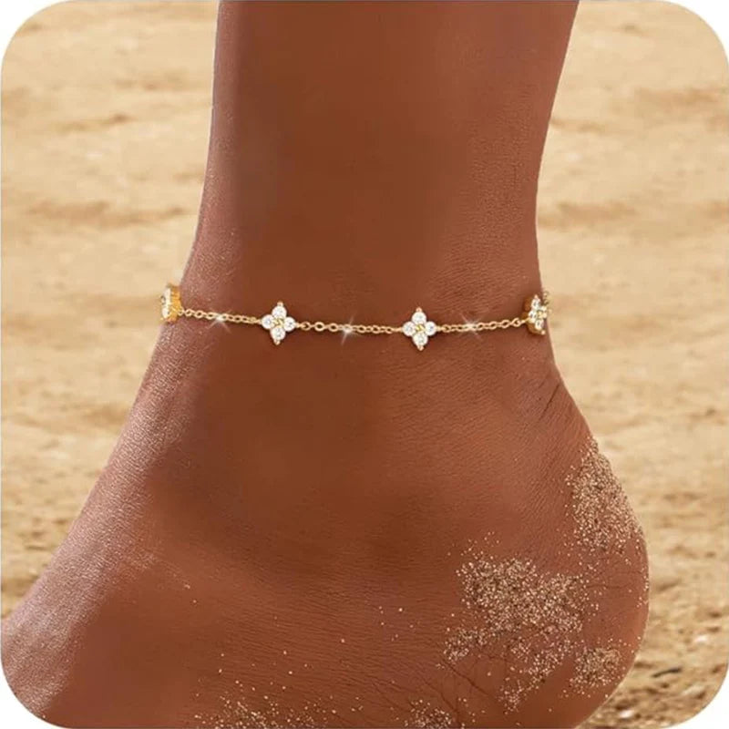 Bracelet de Cheville Trèfle Porte-Bonheur Argent 925 Zircon Femme — Bijou Pied Été