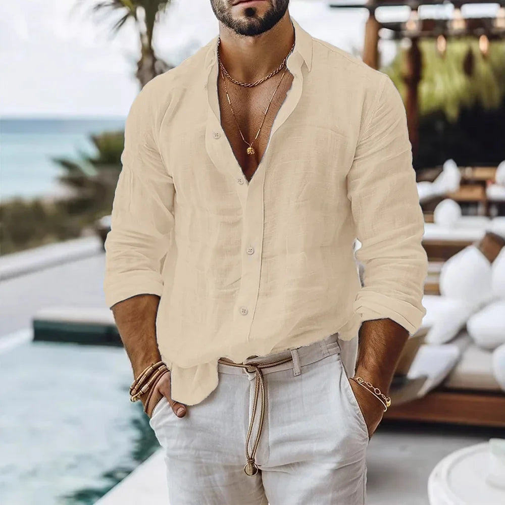 Chemise Homme Coton Lin — Style Plage Été
