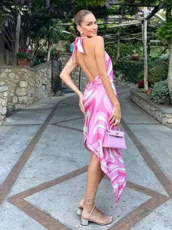 Robe Satin Halter Dos Nu Imprimée — Robe Soirée Femme Vacances Chic