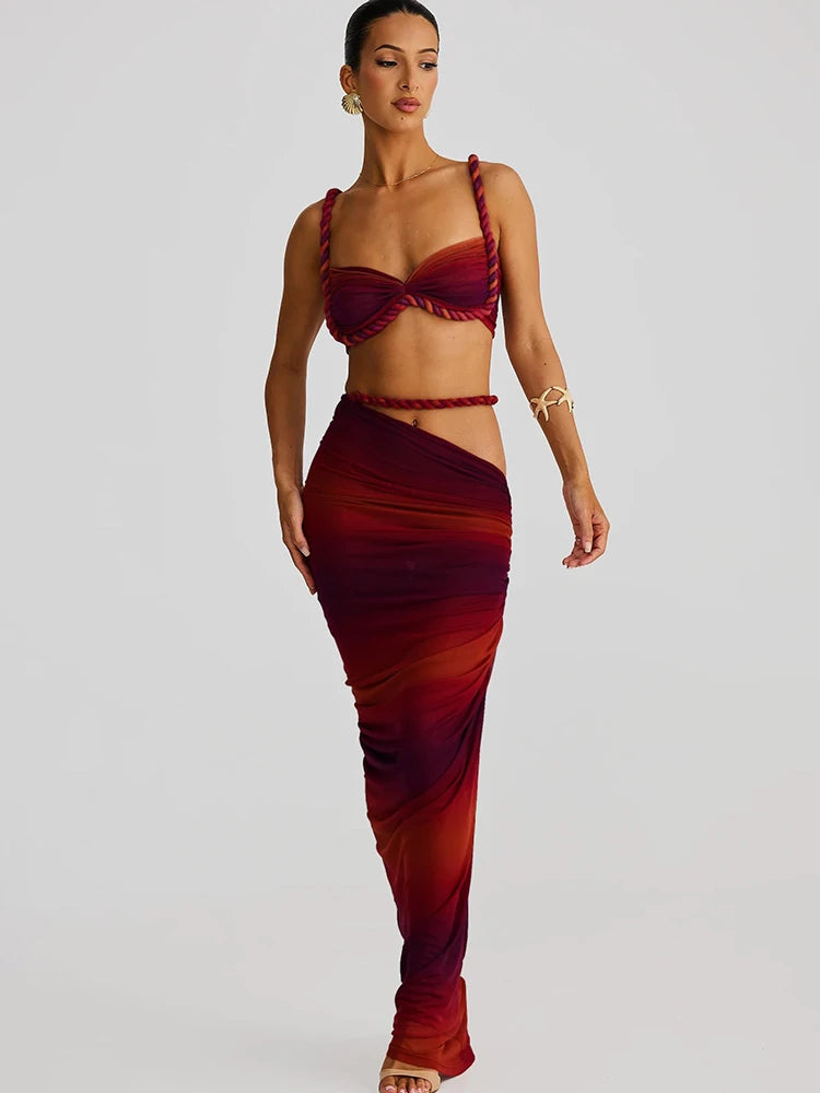 Ensemble 2 Pièces Femme — Crop Top Bretelles Plissé + Jupe Longue Taille Haute Style Vacances
