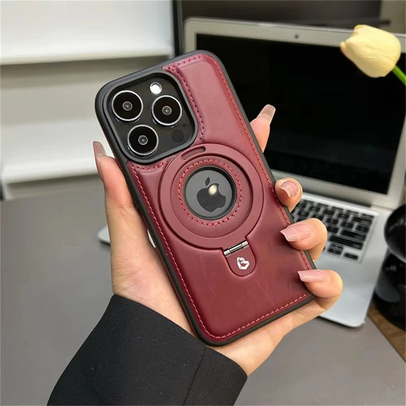 Étui Cuir Luxe MagSafe avec Anneau Magnétique — iPhone 12 à 17 Pro Max, Chargement Sans Fil