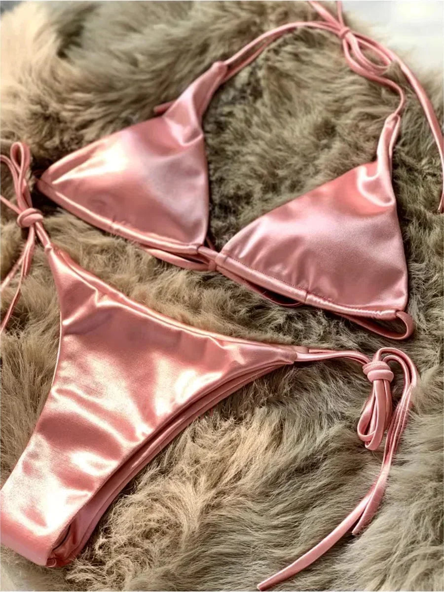 Bikini Satin Métallisé Halter — Deux Pièces Femme