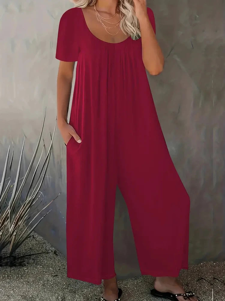 Combinaison Femme Grande Taille — Manches Courtes, Poches, Couleur Unie (0XL-5XL)