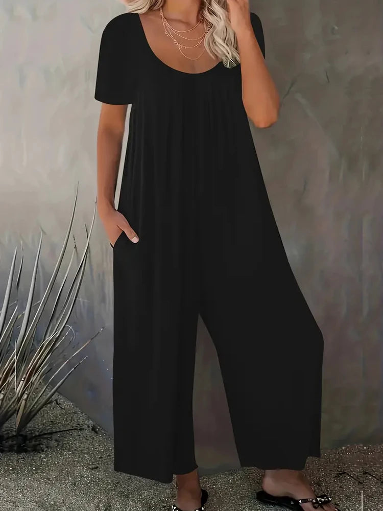 Combinaison Femme Grande Taille — Manches Courtes, Poches, Couleur Unie (0XL-5XL)