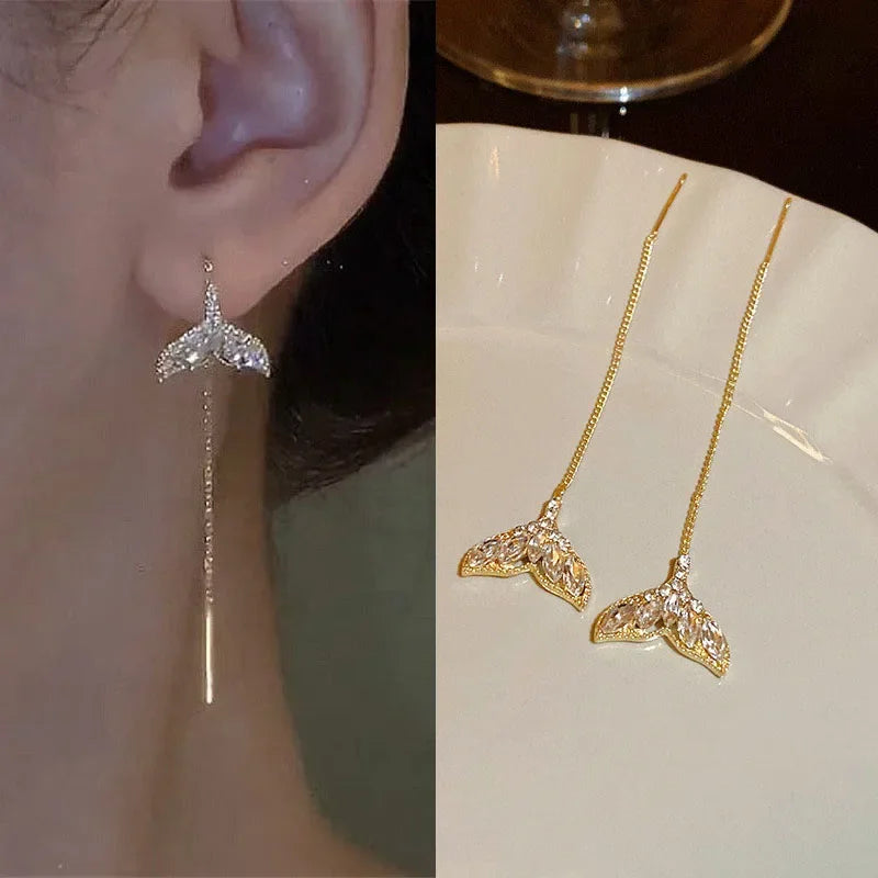 Boucles d'Oreilles Pendantes Zircon Cristal — Ear Line Rose Gold Femme