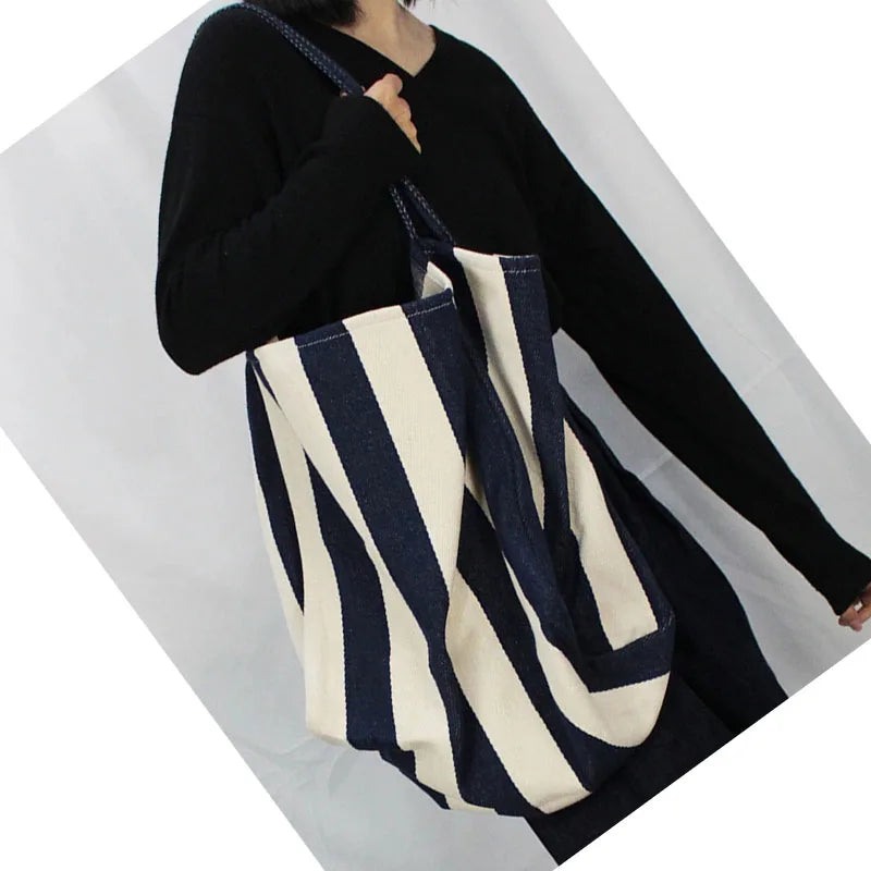 Grand Tote Bag Rayé Style Coréen — Sac Cabas Canvas Grande Capacité Femme