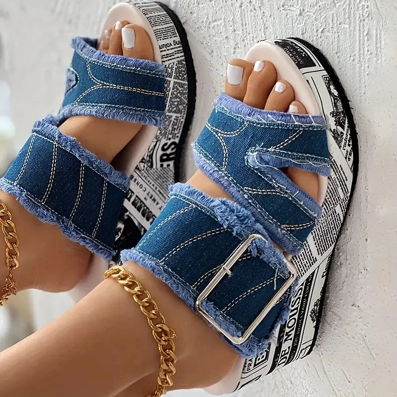 Sandales Denim Plateforme Compensées Boucle Femme — Style Casual Vacances Été 2026