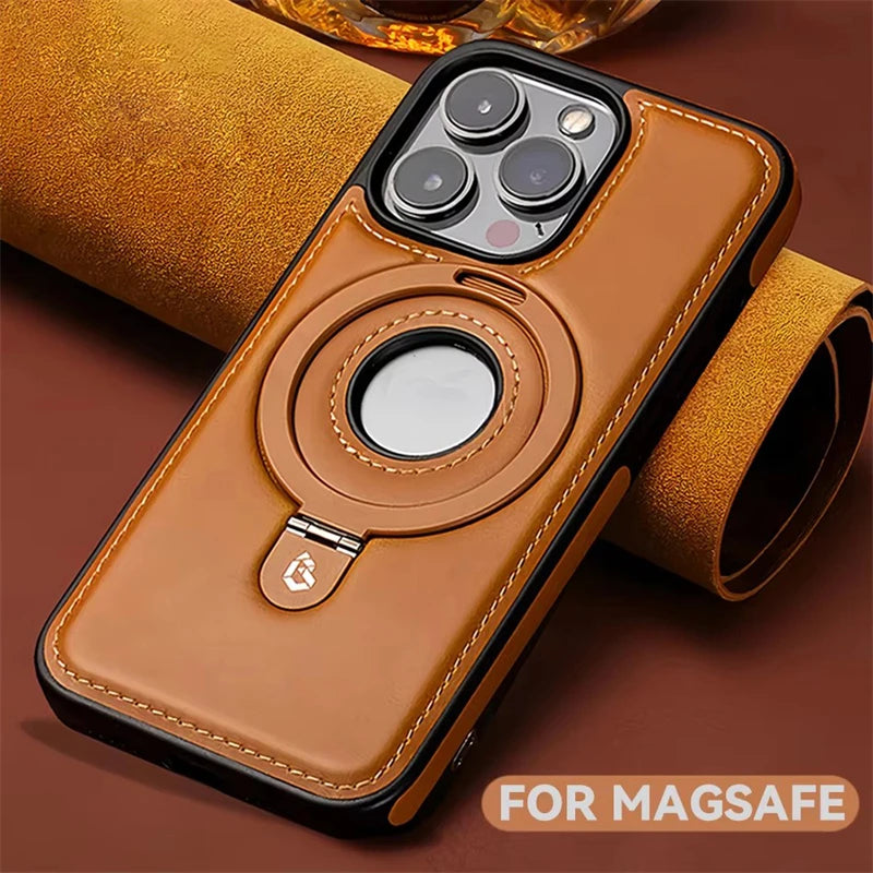 Étui Cuir Luxe MagSafe avec Anneau Magnétique — iPhone 12 à 17 Pro Max, Chargement Sans Fil