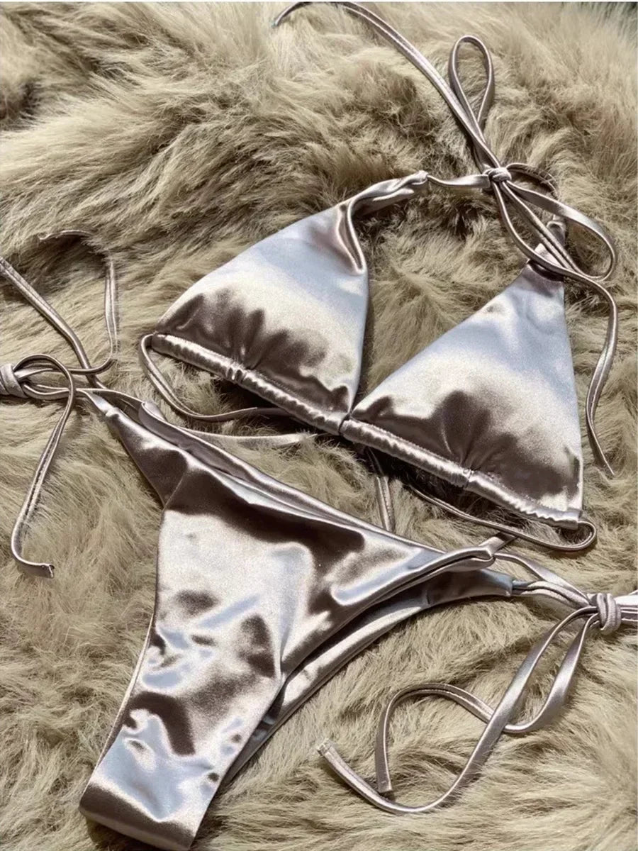 Bikini Satin Métallisé Halter — Deux Pièces Femme
