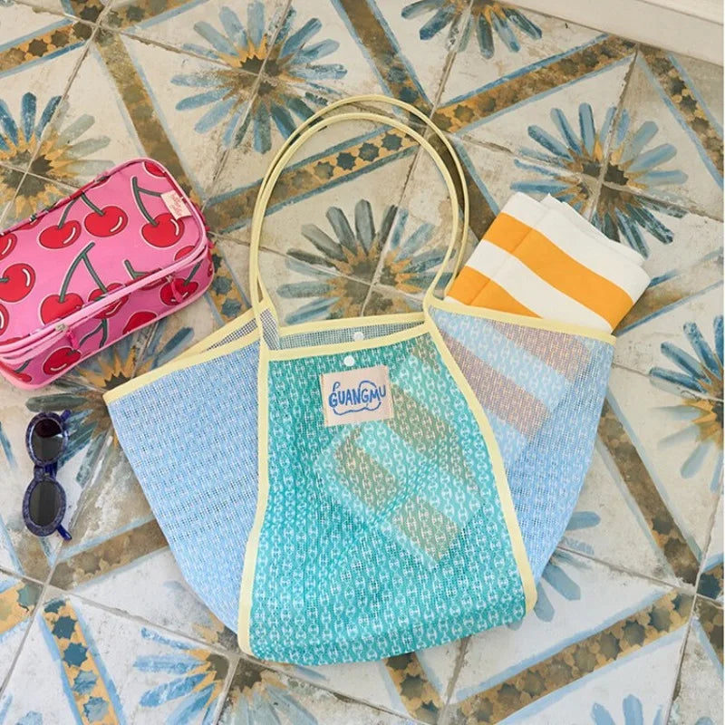 Sac de Plage Mesh Color Block Grande Capacité — Sac Tote Voyage Piscine Femme